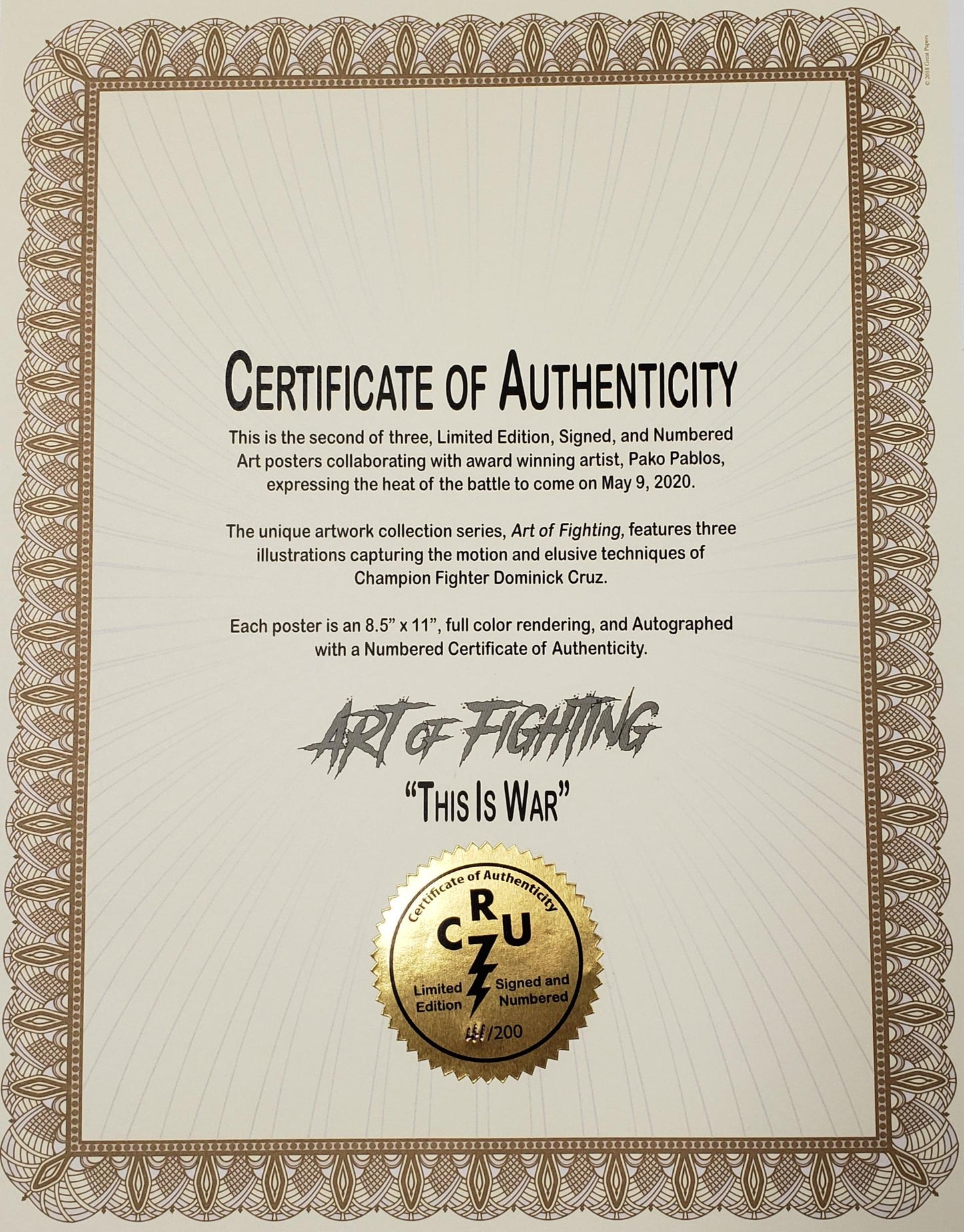 Certificate of Authenticity for a limited edition artwork with decorative border and gold emblem.