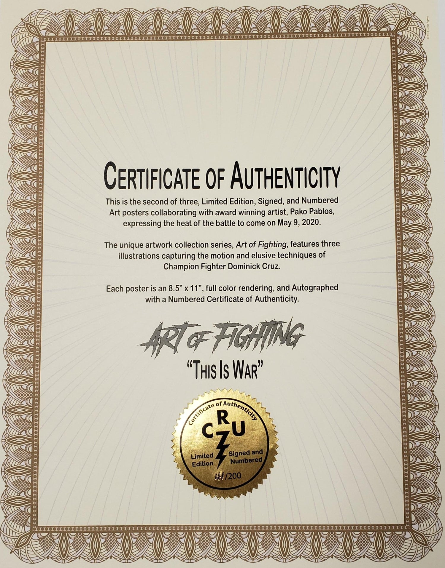 Certificate of Authenticity for a limited edition artwork with decorative border and gold emblem.