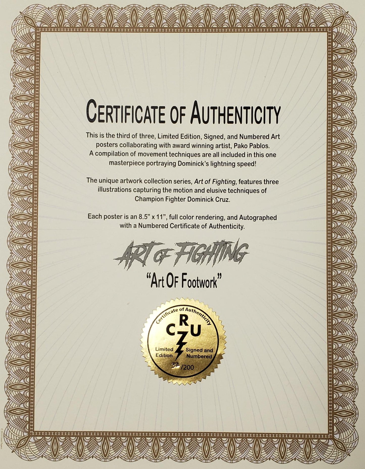 Certificate of Authenticity for a limited edition artwork featuring Dominick Cruz, with decorative border and gold seal.