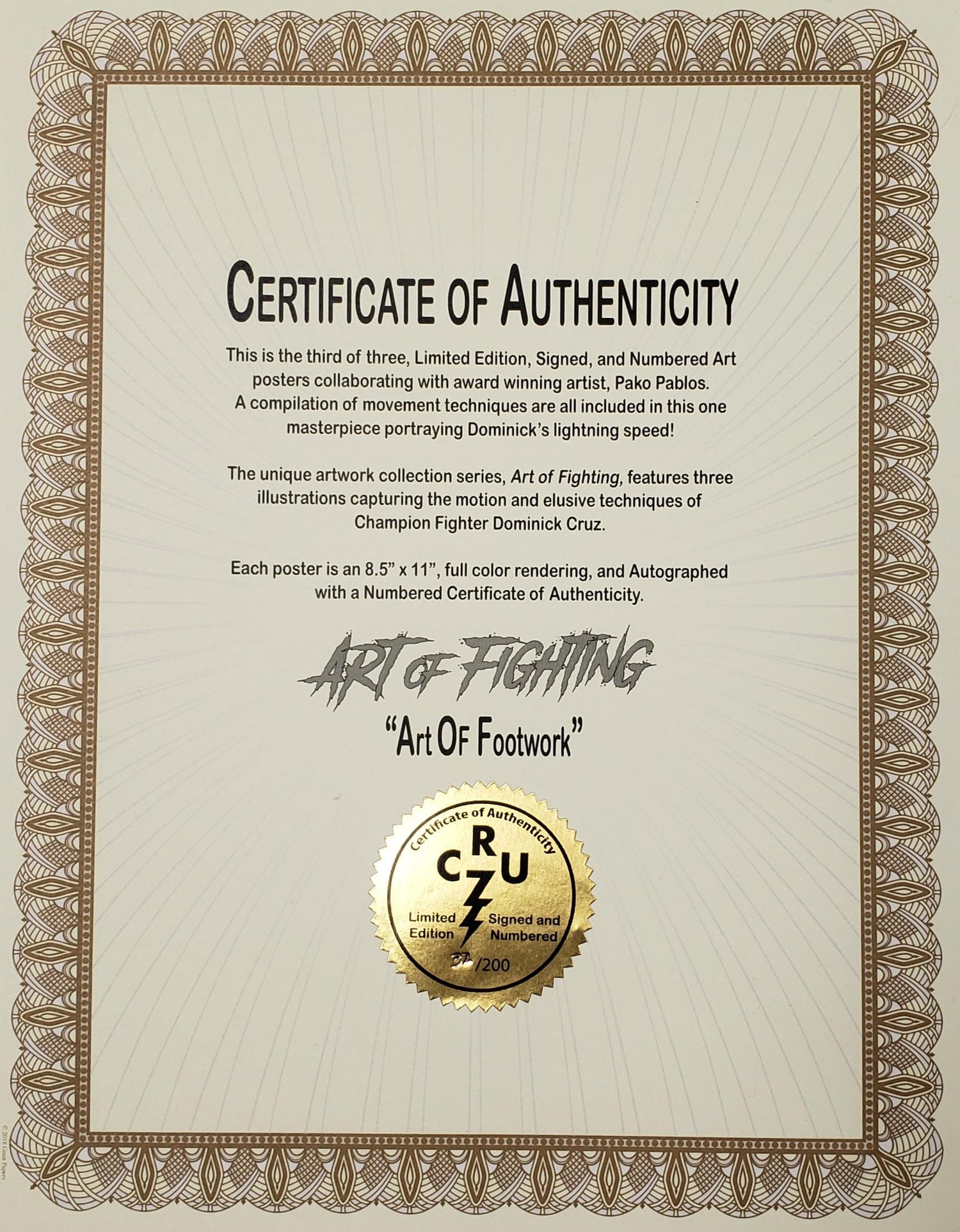 Certificate of Authenticity for a limited edition artwork featuring Dominick Cruz, with decorative border and gold seal.