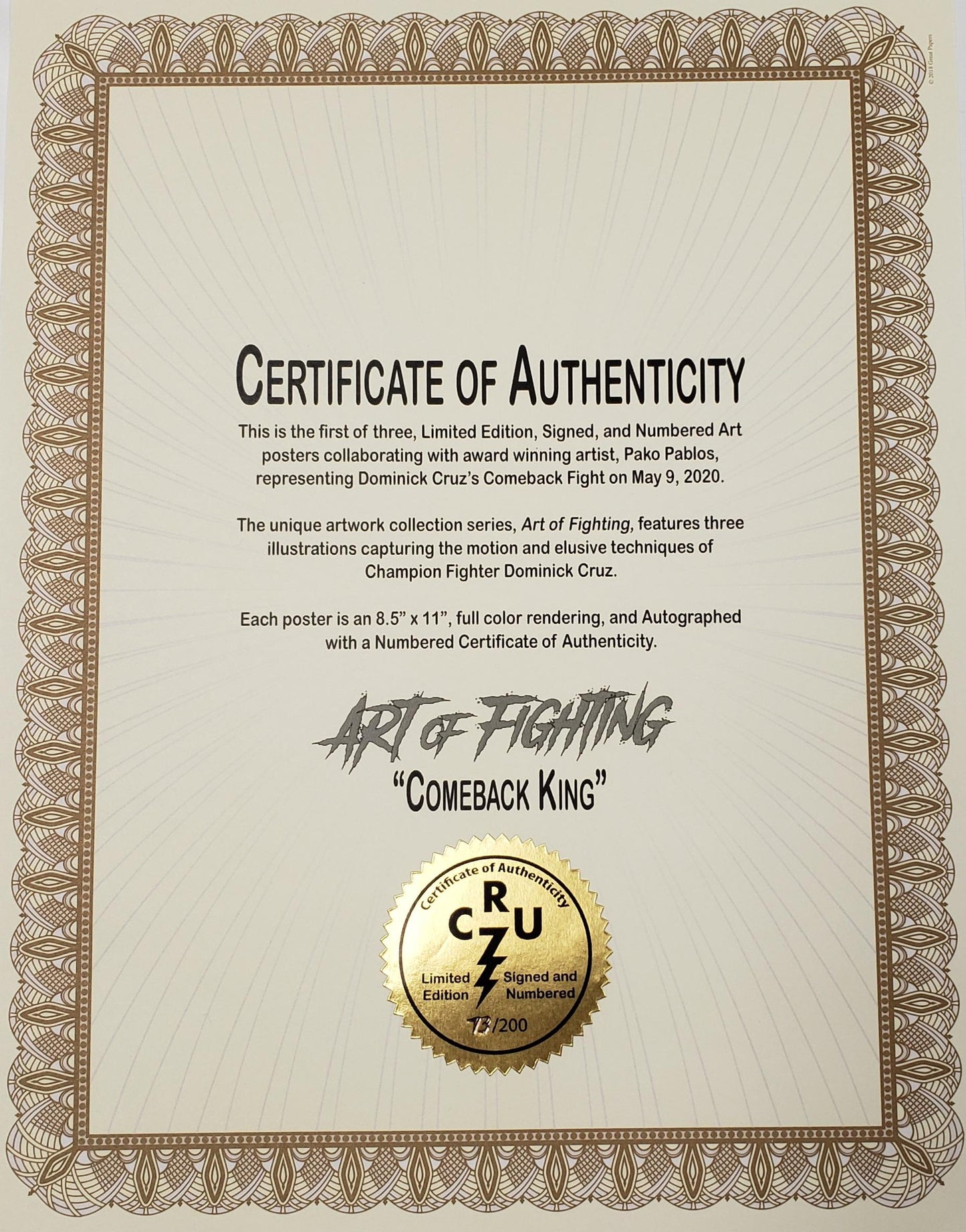 Certificate of Authenticity for a limited edition art poster featuring Dominick Cruz's comeback fight, with decorative border and gold emblem.