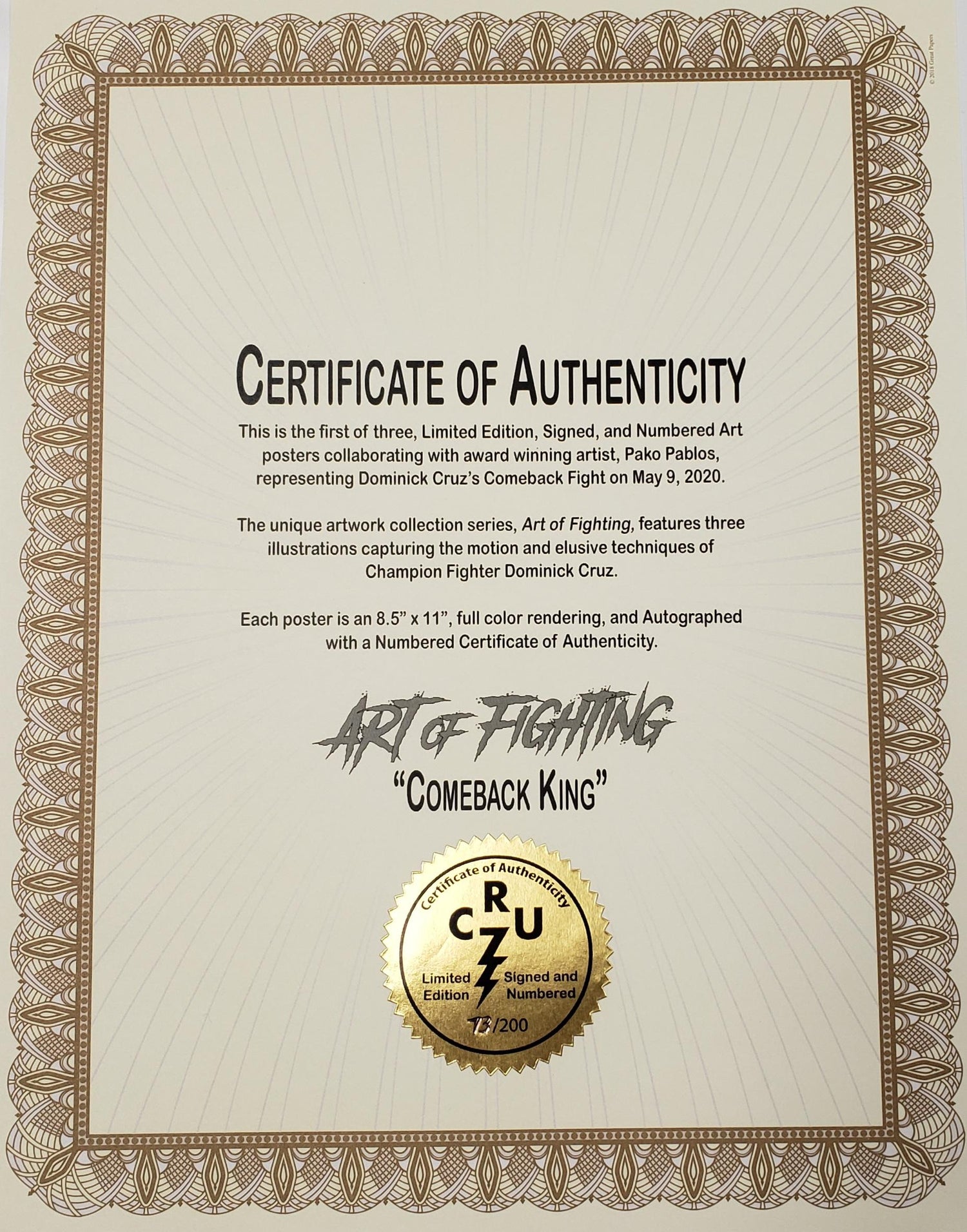 Certificate of Authenticity for a limited edition art poster featuring Dominick Cruz's comeback fight, with decorative border and gold emblem.